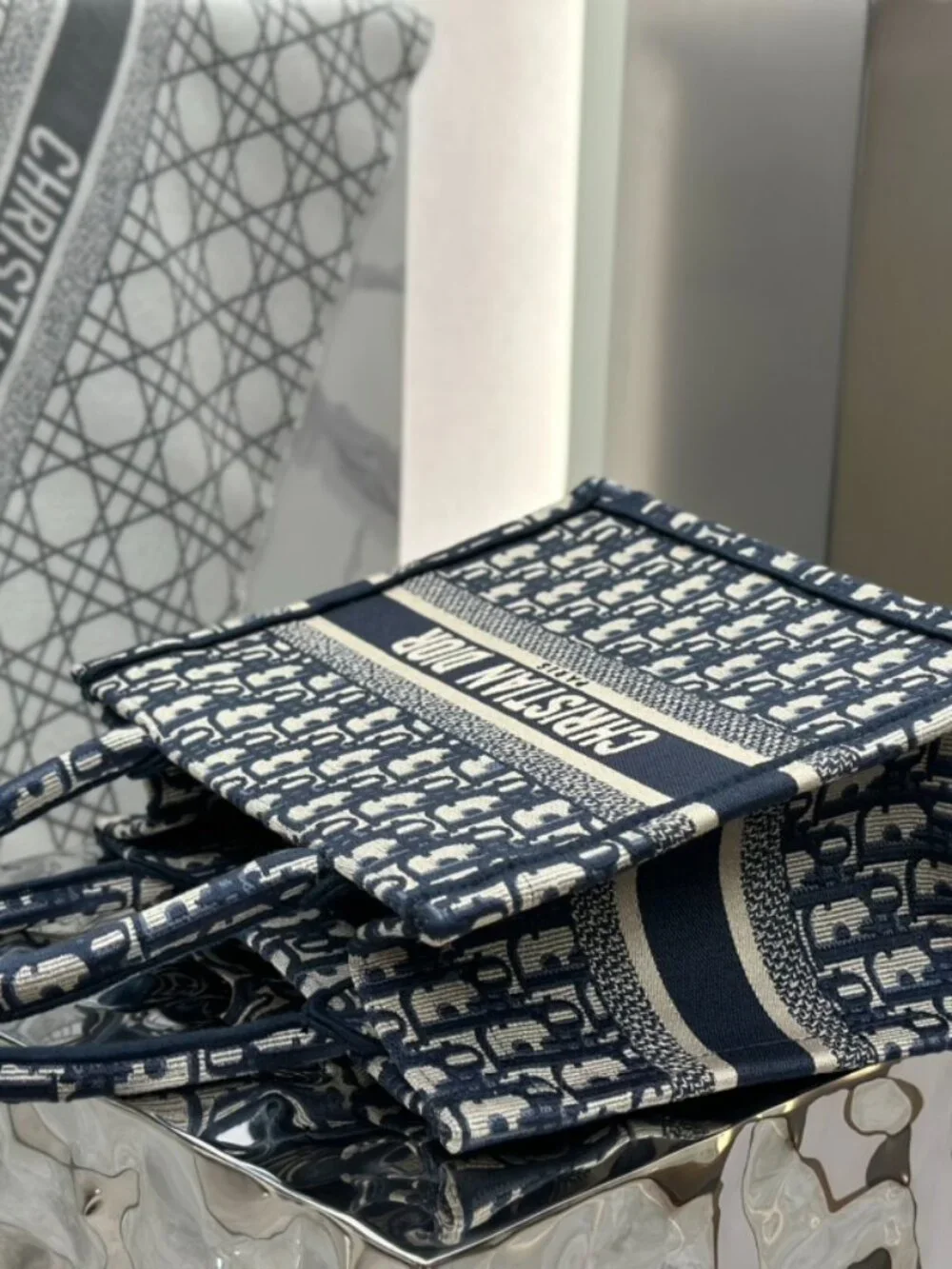Dior Book Tote in Blue Oblique Embroidery